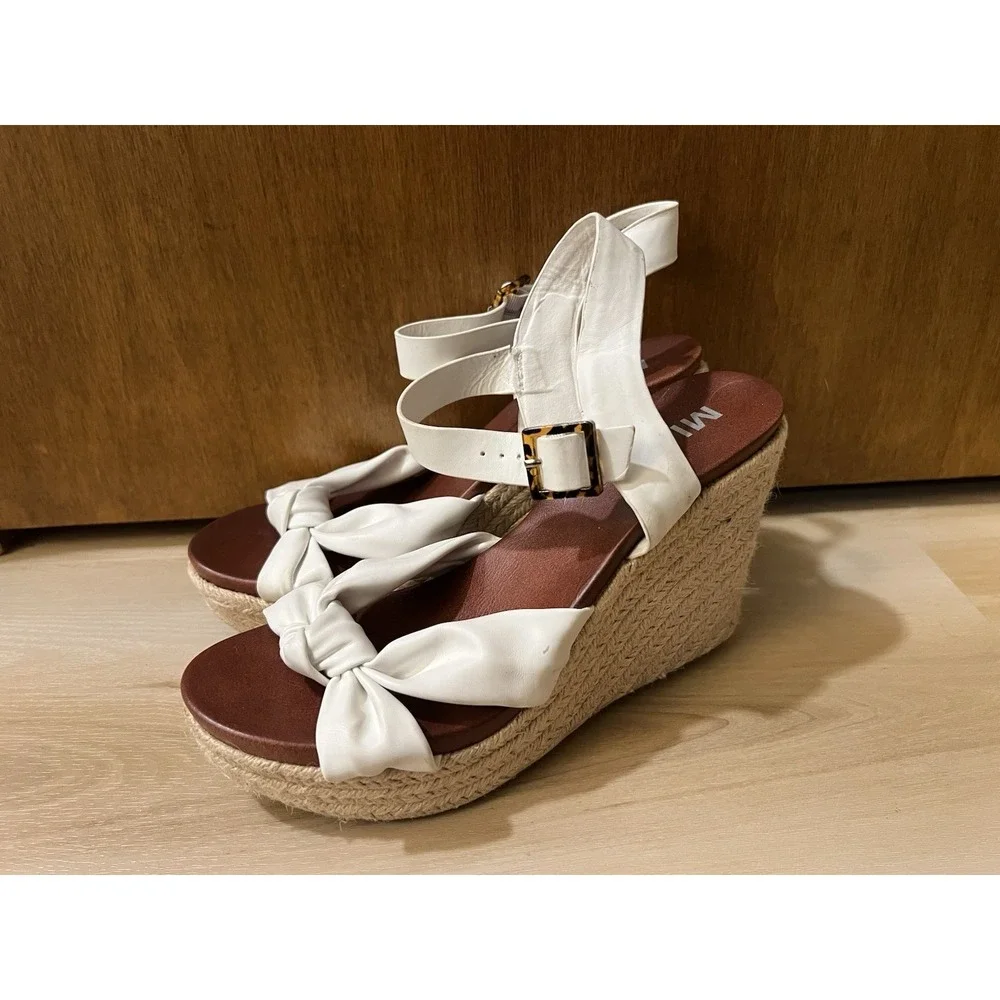 Mia Size 10‎ Women's High Wedge Heel Espadrille Sandals White Tan Bow Accent